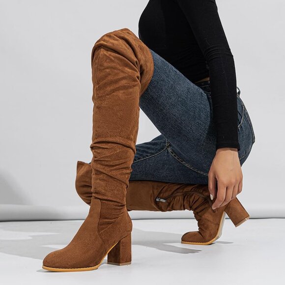 Women Brown Suede Leather Pull On Side Zipper Chunky Block Heel Thigh High Boots - Picture 6 of 6